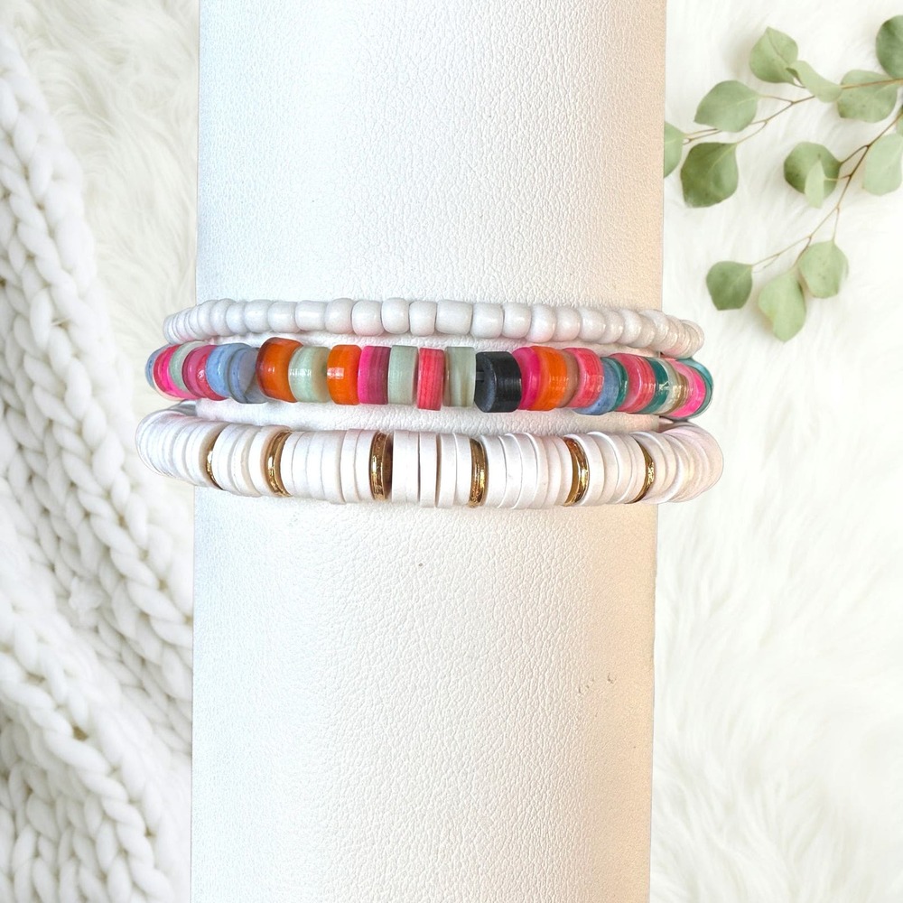 Stacked Colorful Beaded White and Gold Bracelets- Set of 3